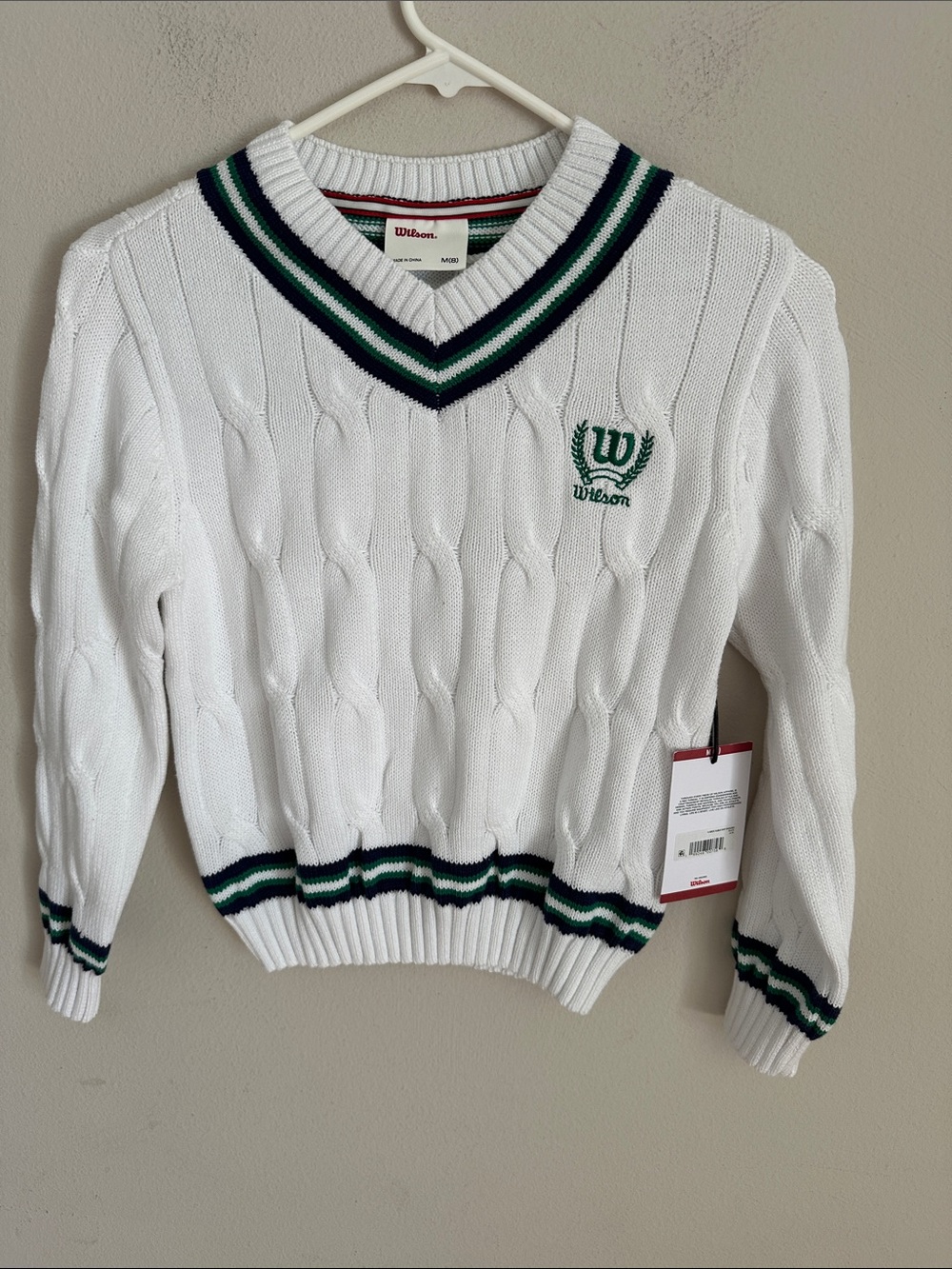 Wilson White Cable Knit V-Neck Sweater with Green & Navy Trim